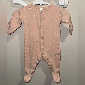 Rylee + Cru Pink Footed One-Piece with White Rainbow Print